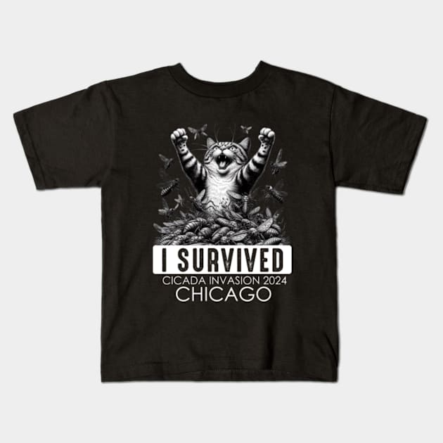 Chicago Cicada Invasion Survivor Funny Cat Kids T-Shirt by GreenCraft